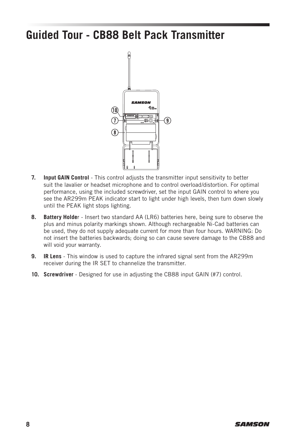 Guided tour - cb88 belt pack transmitter | Samson Concert 288m Presentation Dual-Channel Wireless Lavalier & Headset Microphone System (D: 542 to 566 MHz) User Manual | Page 8 / 16