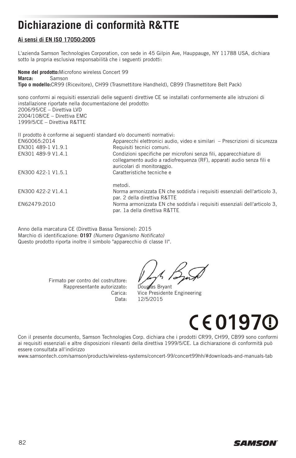 Dichiarazione di conformità r&tte | Samson Concert 99 Presentation Frequency-Agile UHF Wireless System (K: 470-494 MHz) User Manual | Page 82 / 84