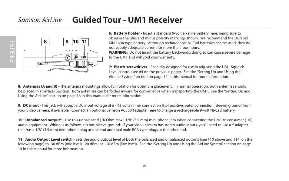 Guided tour - um1 receiver, Samson airline, English | Samson AirLine 77 Wind Instrument True Diversity UHF Wireless System (K2: 490.975 MHz) User Manual | Page 10 / 72