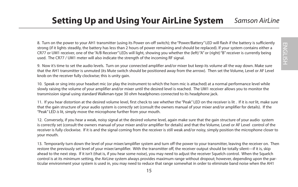 Setting up and using your airline system, Samson airline, English | Samson AirLine 77 Wind Instrument True Diversity UHF Wireless System (K2: 490.975 MHz) User Manual | Page 17 / 72