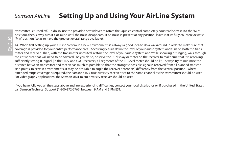Setting up and using your airline system, Samson airline, English | Samson AirLine 77 Wind Instrument True Diversity UHF Wireless System (K2: 490.975 MHz) User Manual | Page 18 / 72