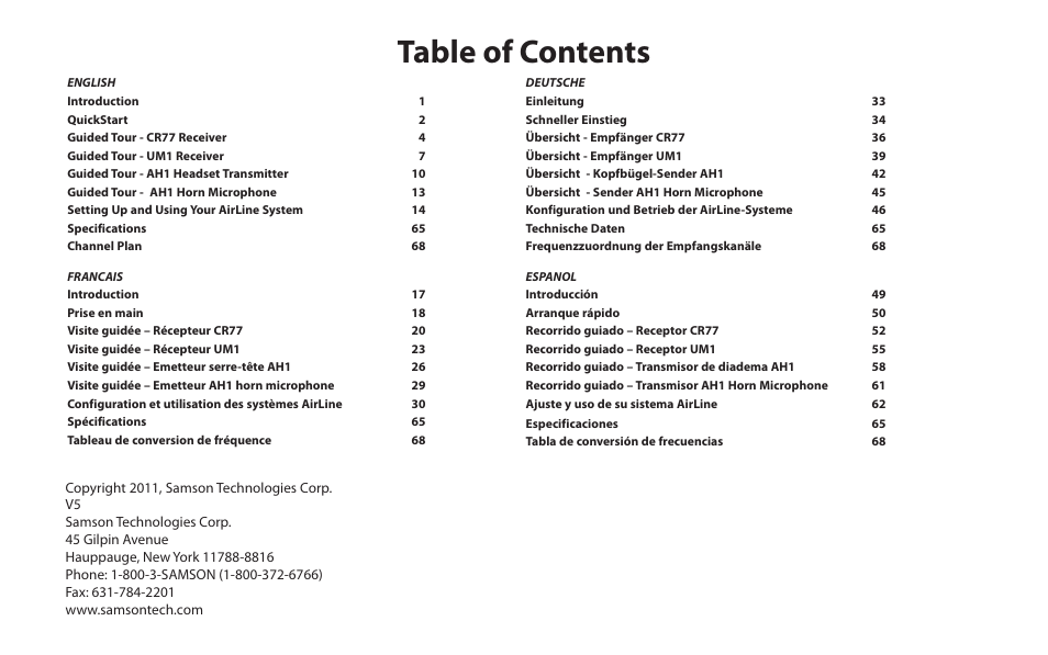Samson AirLine 77 Wind Instrument True Diversity UHF Wireless System (K2: 490.975 MHz) User Manual | Page 2 / 72