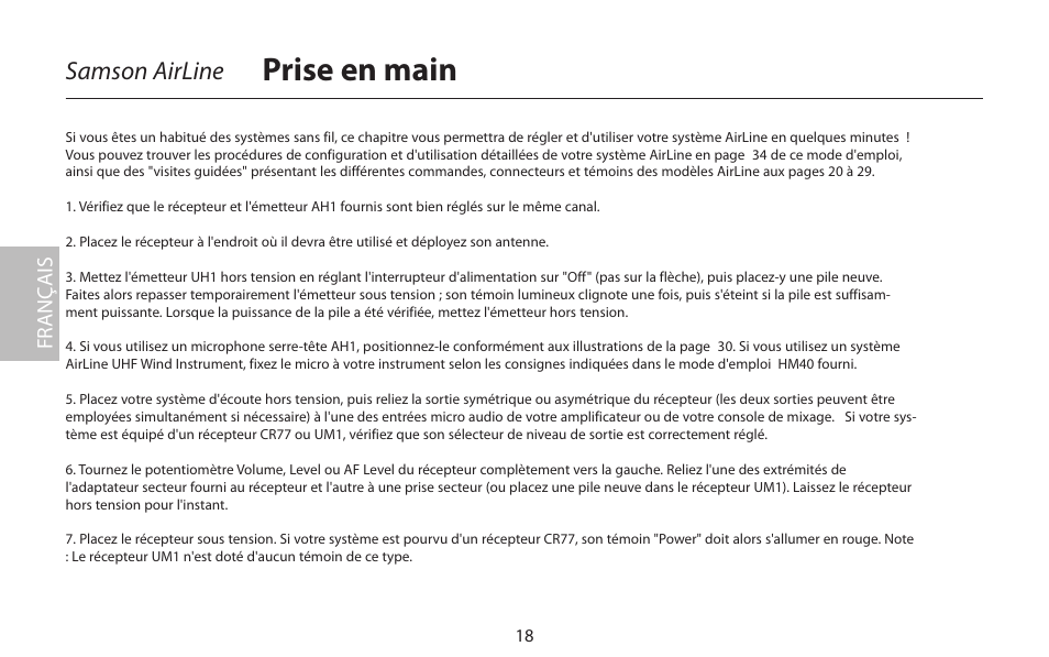 Prise en main, Samson airline, Fr anç ais | Samson AirLine 77 Wind Instrument True Diversity UHF Wireless System (K2: 490.975 MHz) User Manual | Page 20 / 72