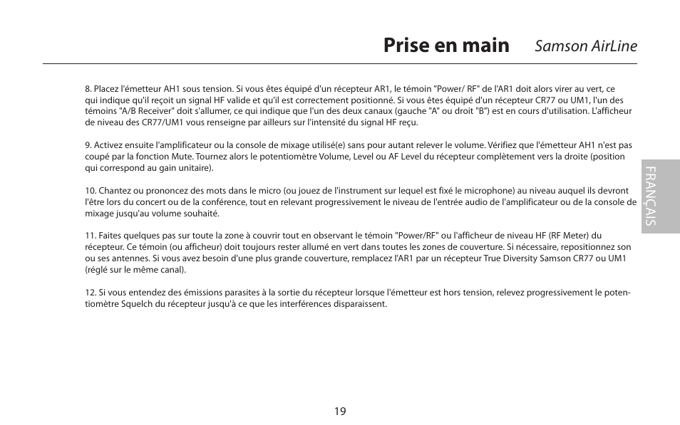 Prise en main, Samson airline, Fr anç ais | Samson AirLine 77 Wind Instrument True Diversity UHF Wireless System (K2: 490.975 MHz) User Manual | Page 21 / 72