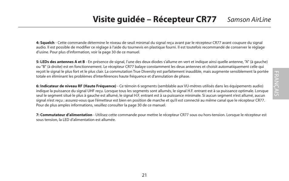 Visite guidée – récepteur cr77, Samson airline, Fr anç ais | Samson AirLine 77 Wind Instrument True Diversity UHF Wireless System (K2: 490.975 MHz) User Manual | Page 23 / 72