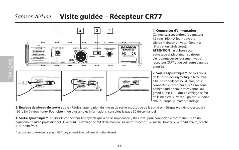 Visite guidée – récepteur cr77, Samson airline, Fr anç ais | Samson AirLine 77 Wind Instrument True Diversity UHF Wireless System (K2: 490.975 MHz) User Manual | Page 24 / 72
