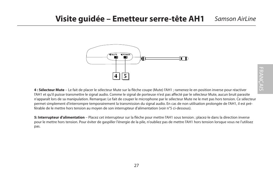Visite guidée – emetteur serre-tête ah1, Samson airline, Fr anç ais | Samson AirLine 77 Wind Instrument True Diversity UHF Wireless System (K2: 490.975 MHz) User Manual | Page 29 / 72