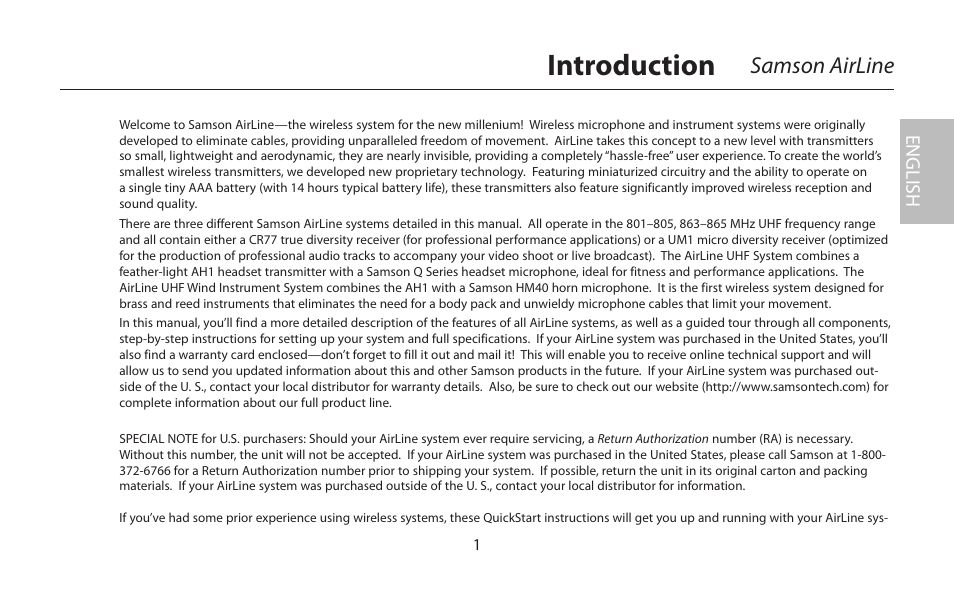 Introduction, Samson airline, English | Samson AirLine 77 Wind Instrument True Diversity UHF Wireless System (K2: 490.975 MHz) User Manual | Page 3 / 72
