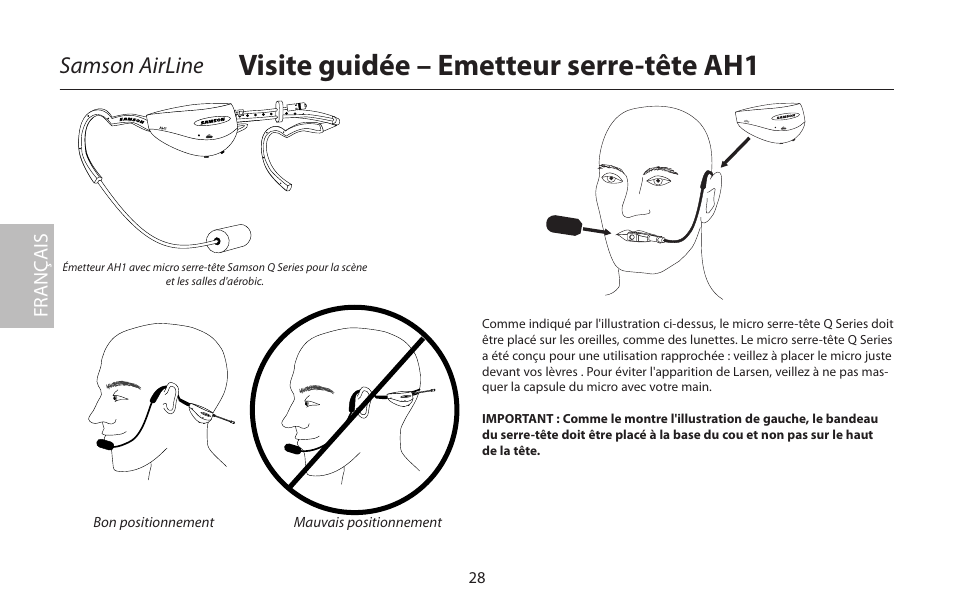 Visite guidée – emetteur serre-tête ah1, Samson airline, Fr anç ais | Samson AirLine 77 Wind Instrument True Diversity UHF Wireless System (K2: 490.975 MHz) User Manual | Page 30 / 72
