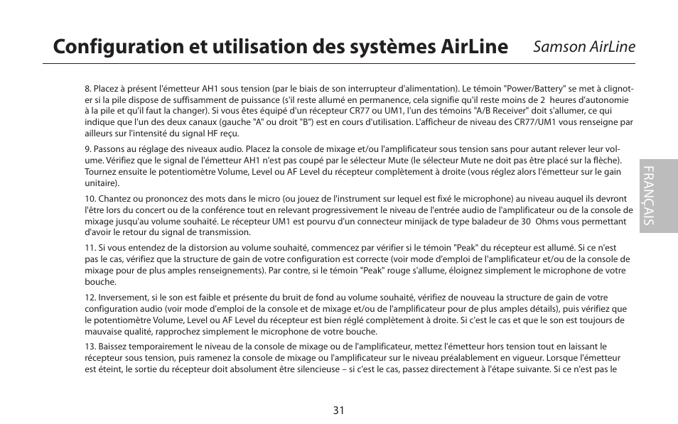 Configuration et utilisation des systèmes airline, Samson airline, Fr anç ais | Samson AirLine 77 Wind Instrument True Diversity UHF Wireless System (K2: 490.975 MHz) User Manual | Page 33 / 72