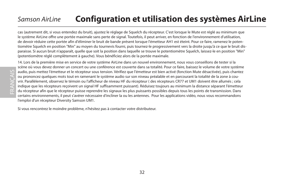 Configuration et utilisation des systèmes airline, Samson airline, Fr anç ais | Samson AirLine 77 Wind Instrument True Diversity UHF Wireless System (K2: 490.975 MHz) User Manual | Page 34 / 72