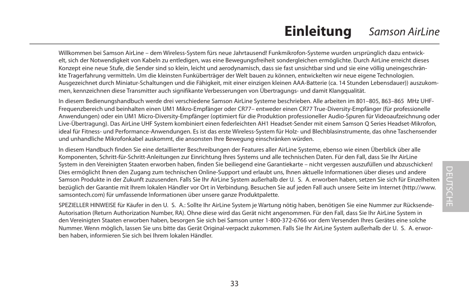 Einleitung, Samson airline, Deut sche | Samson AirLine 77 Wind Instrument True Diversity UHF Wireless System (K2: 490.975 MHz) User Manual | Page 35 / 72