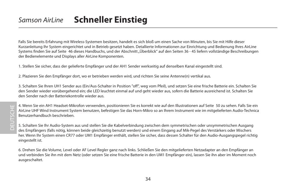 Schneller einstieg, Samson airline, Deut sche | Samson AirLine 77 Wind Instrument True Diversity UHF Wireless System (K2: 490.975 MHz) User Manual | Page 36 / 72