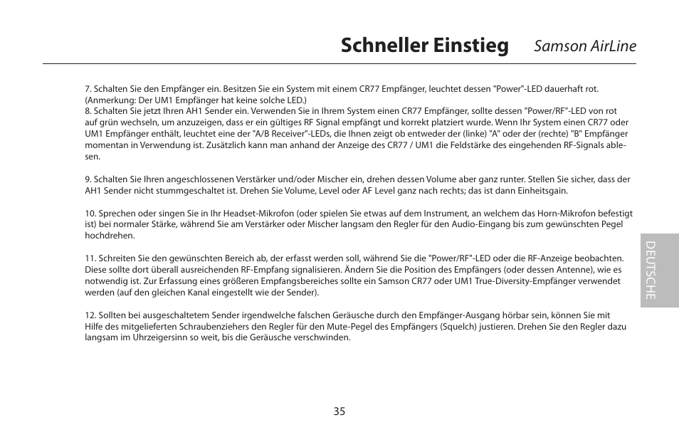 Schneller einstieg, Samson airline, Deut sche | Samson AirLine 77 Wind Instrument True Diversity UHF Wireless System (K2: 490.975 MHz) User Manual | Page 37 / 72