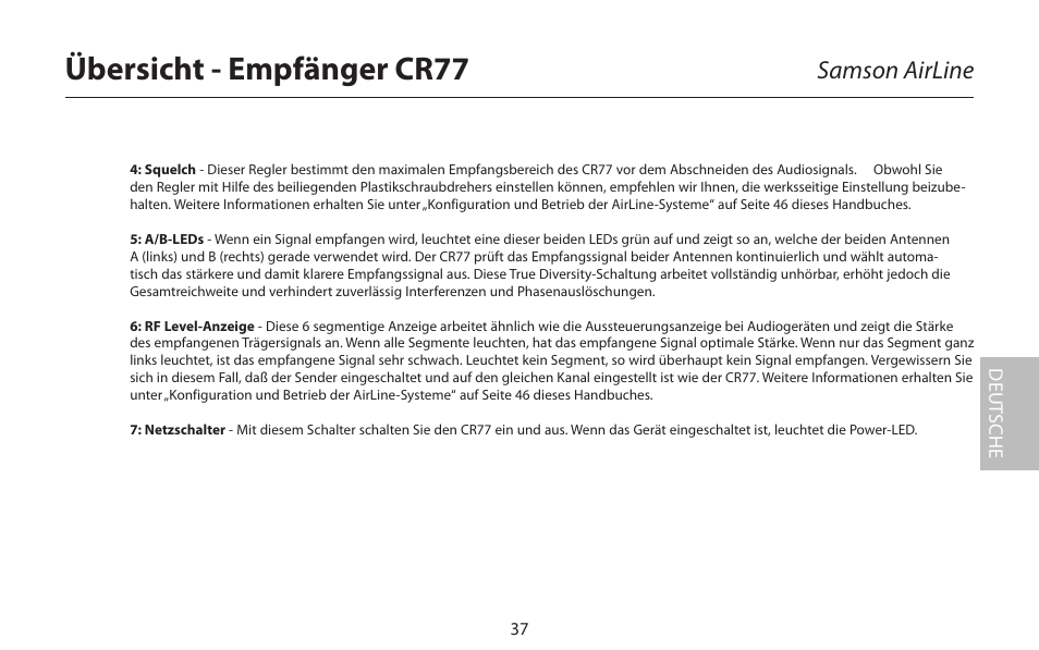 Übersicht - empfänger cr77, Samson airline, Deut sche | Samson AirLine 77 Wind Instrument True Diversity UHF Wireless System (K2: 490.975 MHz) User Manual | Page 39 / 72