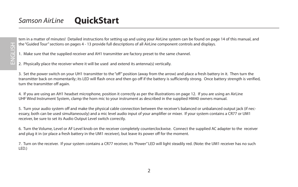 Quickstart, Samson airline, English | Samson AirLine 77 Wind Instrument True Diversity UHF Wireless System (K2: 490.975 MHz) User Manual | Page 4 / 72