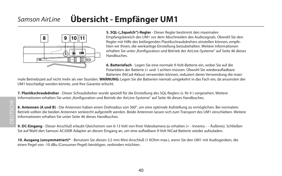 Übersicht - empfänger um1, Samson airline, Deut sche | Samson AirLine 77 Wind Instrument True Diversity UHF Wireless System (K2: 490.975 MHz) User Manual | Page 42 / 72