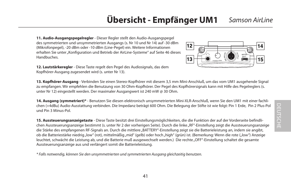 Übersicht - empfänger um1, Samson airline, Deut sche | Samson AirLine 77 Wind Instrument True Diversity UHF Wireless System (K2: 490.975 MHz) User Manual | Page 43 / 72