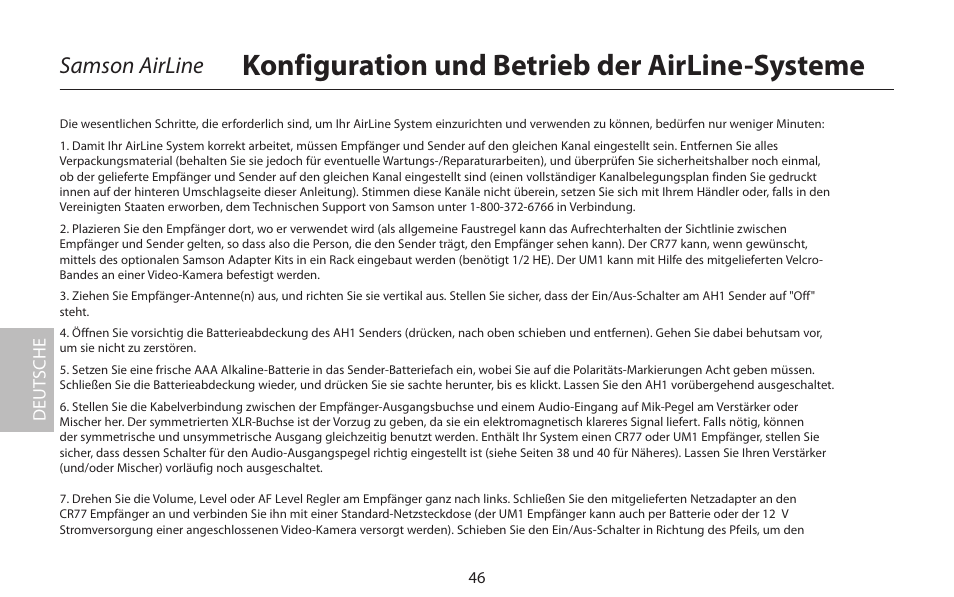 Konfiguration und betrieb der airline-systeme, Samson airline, Deut sche | Samson AirLine 77 Wind Instrument True Diversity UHF Wireless System (K2: 490.975 MHz) User Manual | Page 48 / 72