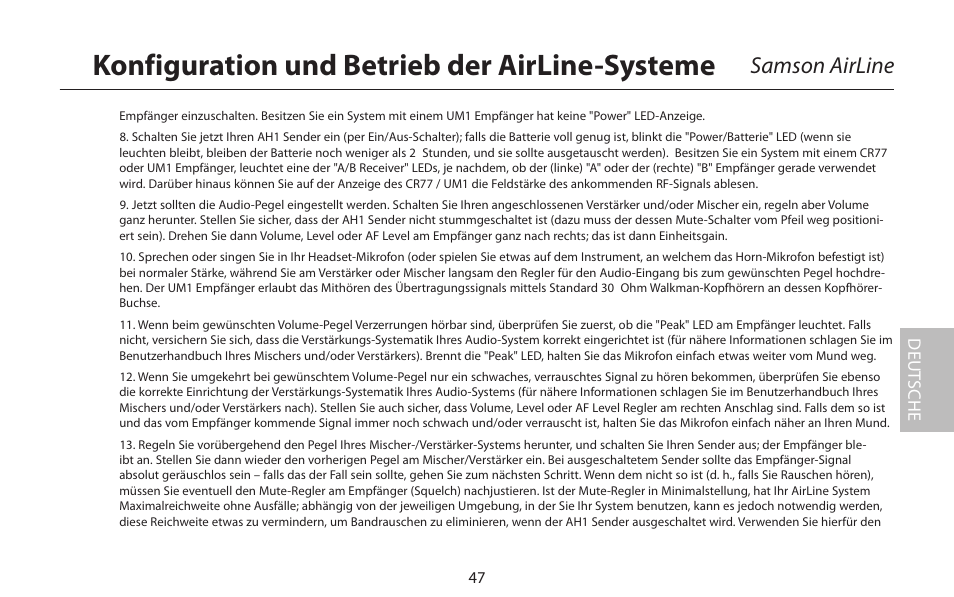Konfiguration und betrieb der airline-systeme, Samson airline, Deut sche | Samson AirLine 77 Wind Instrument True Diversity UHF Wireless System (K2: 490.975 MHz) User Manual | Page 49 / 72