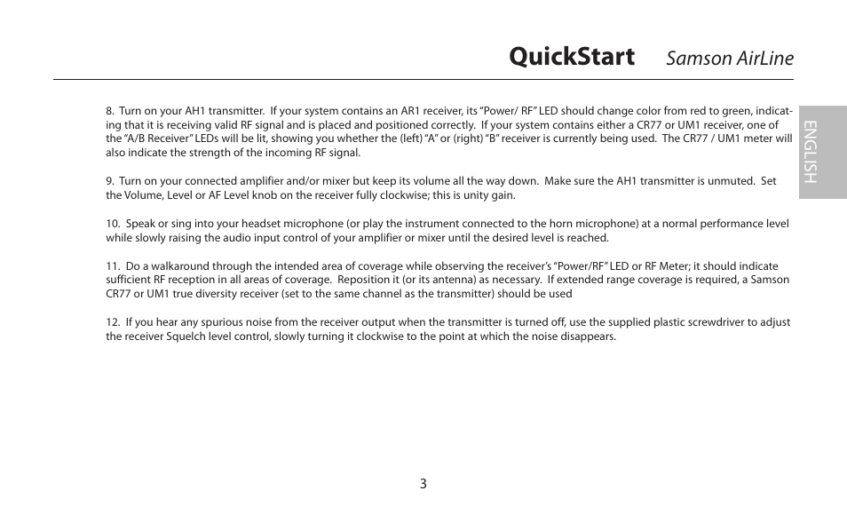 Quickstart, Samson airline, English | Samson AirLine 77 Wind Instrument True Diversity UHF Wireless System (K2: 490.975 MHz) User Manual | Page 5 / 72