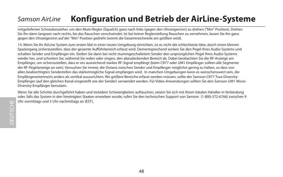 Konfiguration und betrieb der airline-systeme, Samson airline, Deut sche | Samson AirLine 77 Wind Instrument True Diversity UHF Wireless System (K2: 490.975 MHz) User Manual | Page 50 / 72