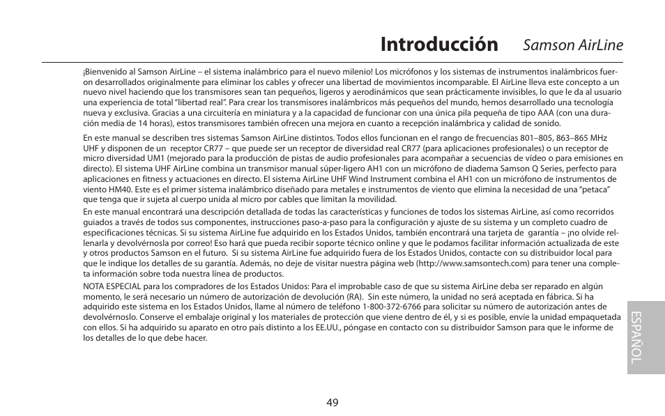 Introducción, Samson airline, Esp añol | Samson AirLine 77 Wind Instrument True Diversity UHF Wireless System (K2: 490.975 MHz) User Manual | Page 51 / 72