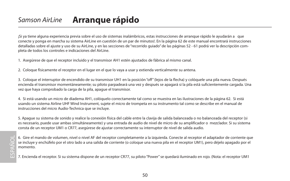 Arranque rápido, Samson airline, Esp añol | Samson AirLine 77 Wind Instrument True Diversity UHF Wireless System (K2: 490.975 MHz) User Manual | Page 52 / 72