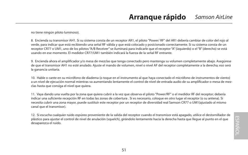 Arranque rápido, Samson airline, Esp añol | Samson AirLine 77 Wind Instrument True Diversity UHF Wireless System (K2: 490.975 MHz) User Manual | Page 53 / 72