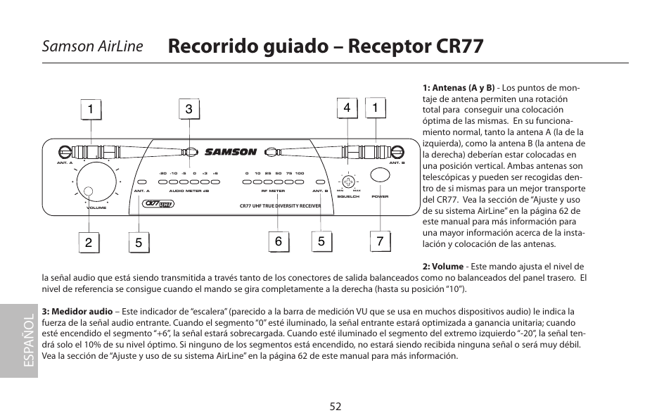 Recorrido guiado – receptor cr77, Samson airline, Esp añol | Samson AirLine 77 Wind Instrument True Diversity UHF Wireless System (K2: 490.975 MHz) User Manual | Page 54 / 72