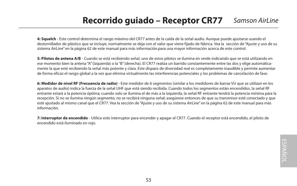 Recorrido guiado – receptor cr77, Samson airline, Esp añol | Samson AirLine 77 Wind Instrument True Diversity UHF Wireless System (K2: 490.975 MHz) User Manual | Page 55 / 72