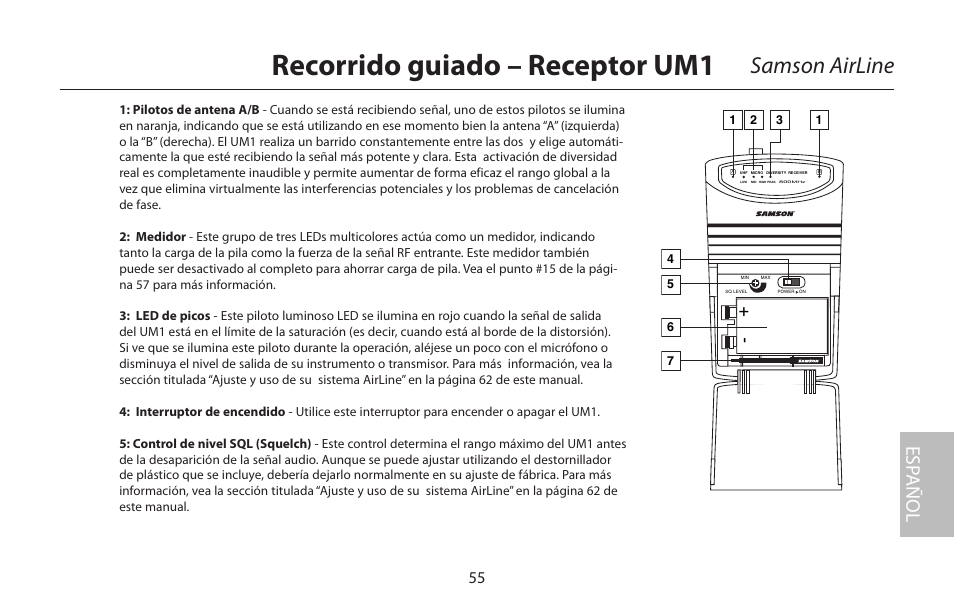 Recorrido guiado – receptor um1, Samson airline, Esp añol | Samson AirLine 77 Wind Instrument True Diversity UHF Wireless System (K2: 490.975 MHz) User Manual | Page 57 / 72