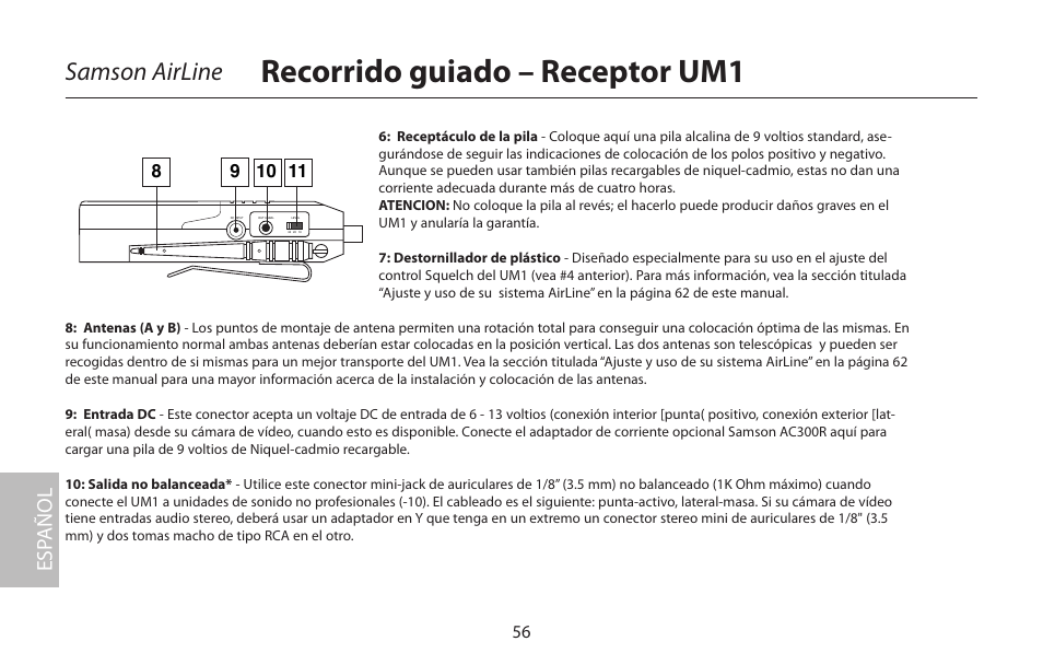 Recorrido guiado – receptor um1, Samson airline, Esp añol | Samson AirLine 77 Wind Instrument True Diversity UHF Wireless System (K2: 490.975 MHz) User Manual | Page 58 / 72