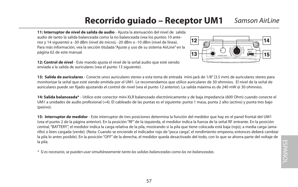 Recorrido guiado – receptor um1, Samson airline, Esp añol | Samson AirLine 77 Wind Instrument True Diversity UHF Wireless System (K2: 490.975 MHz) User Manual | Page 59 / 72