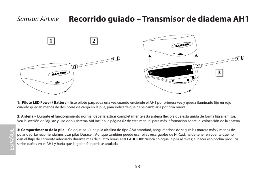 Recorrido guiado – transmisor de diadema ah1, Samson airline, Esp añol | Samson AirLine 77 Wind Instrument True Diversity UHF Wireless System (K2: 490.975 MHz) User Manual | Page 60 / 72