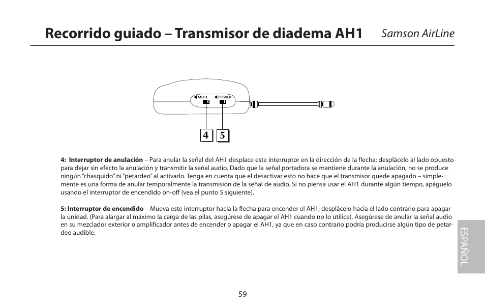 Recorrido guiado – transmisor de diadema ah1, Samson airline, Esp añol | Samson AirLine 77 Wind Instrument True Diversity UHF Wireless System (K2: 490.975 MHz) User Manual | Page 61 / 72