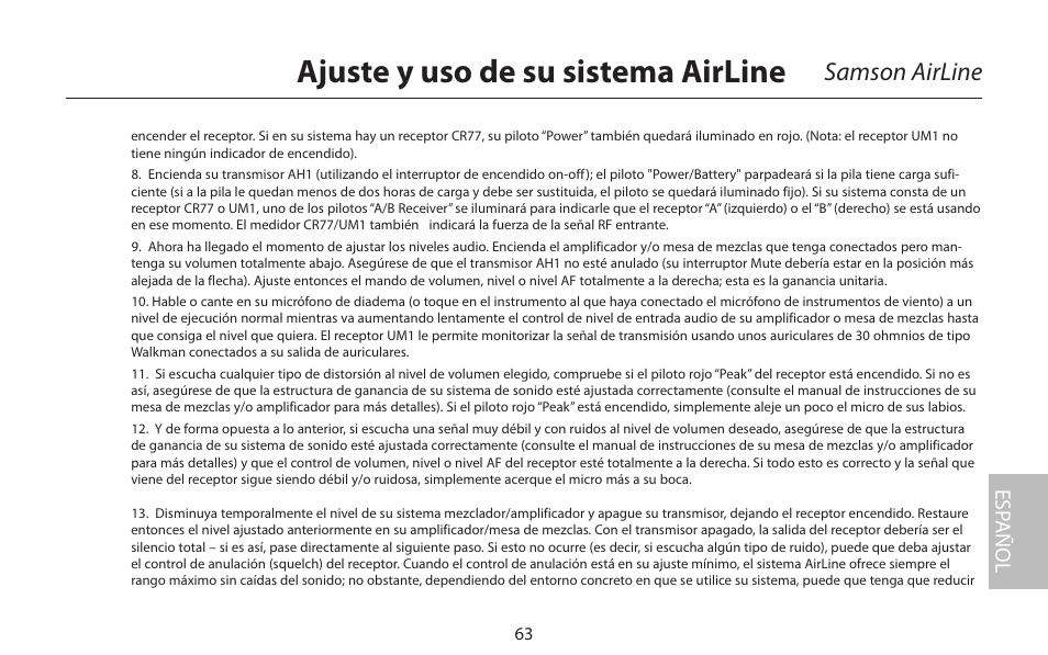 Ajuste y uso de su sistema airline, Samson airline, Esp añol | Samson AirLine 77 Wind Instrument True Diversity UHF Wireless System (K2: 490.975 MHz) User Manual | Page 65 / 72