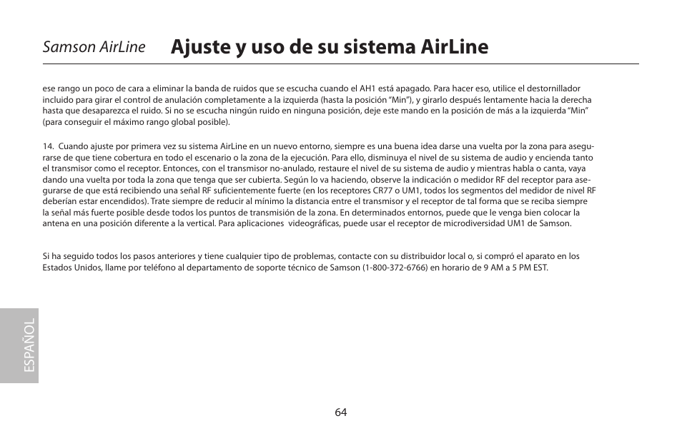 Ajuste y uso de su sistema airline, Samson airline, Esp añol | Samson AirLine 77 Wind Instrument True Diversity UHF Wireless System (K2: 490.975 MHz) User Manual | Page 66 / 72