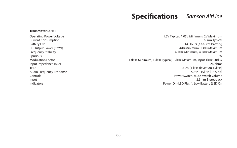 Specifications, Samson airline | Samson AirLine 77 Wind Instrument True Diversity UHF Wireless System (K2: 490.975 MHz) User Manual | Page 67 / 72