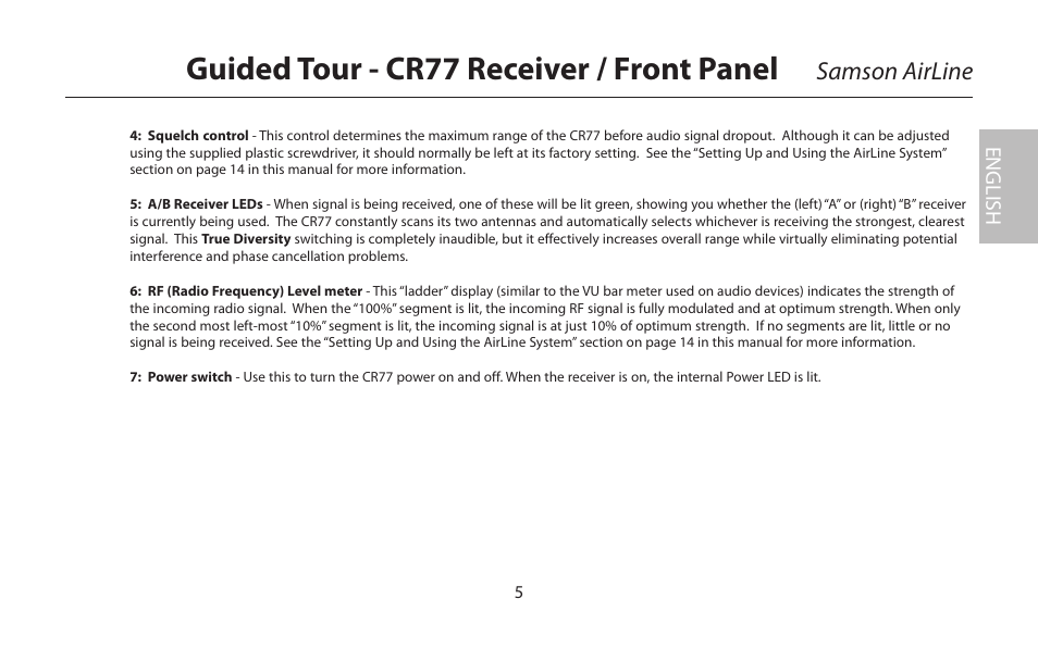 Guided tour - cr77 receiver / front panel, Samson airline, English | Samson AirLine 77 Wind Instrument True Diversity UHF Wireless System (K2: 490.975 MHz) User Manual | Page 7 / 72