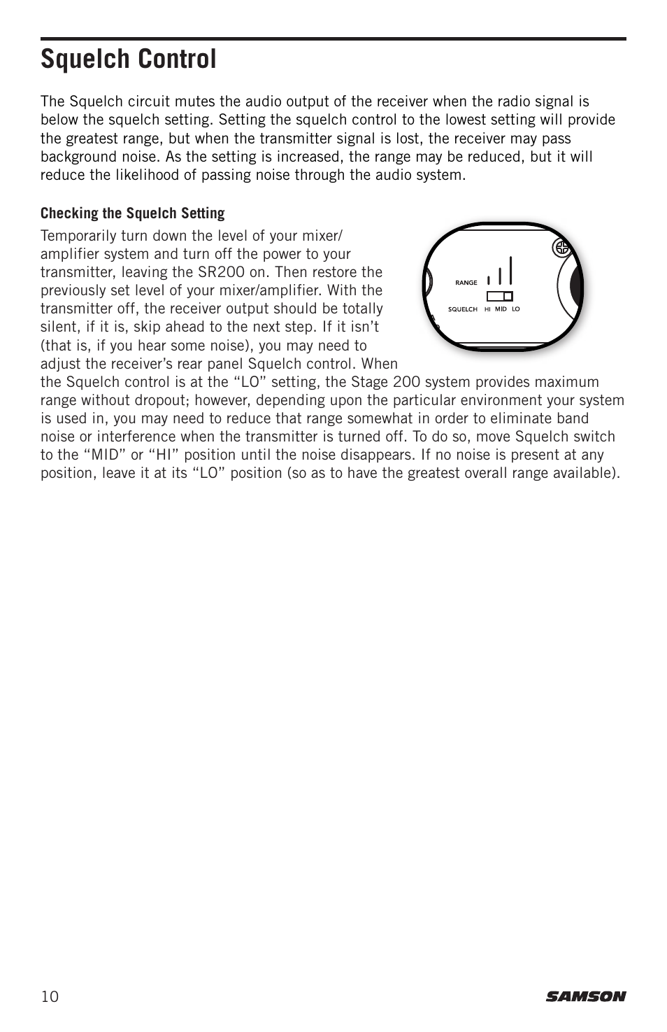 Squelch control | Samson Stage 200 Dual-Channel Handheld VHF Wireless System (Channel A) User Manual | Page 10 / 16
