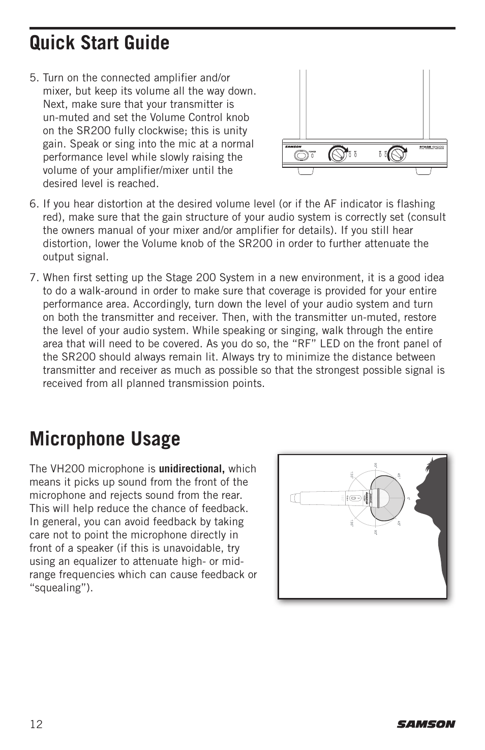 Quick start guide microphone usage | Samson Stage 200 Dual-Channel Handheld VHF Wireless System (Channel A) User Manual | Page 12 / 16