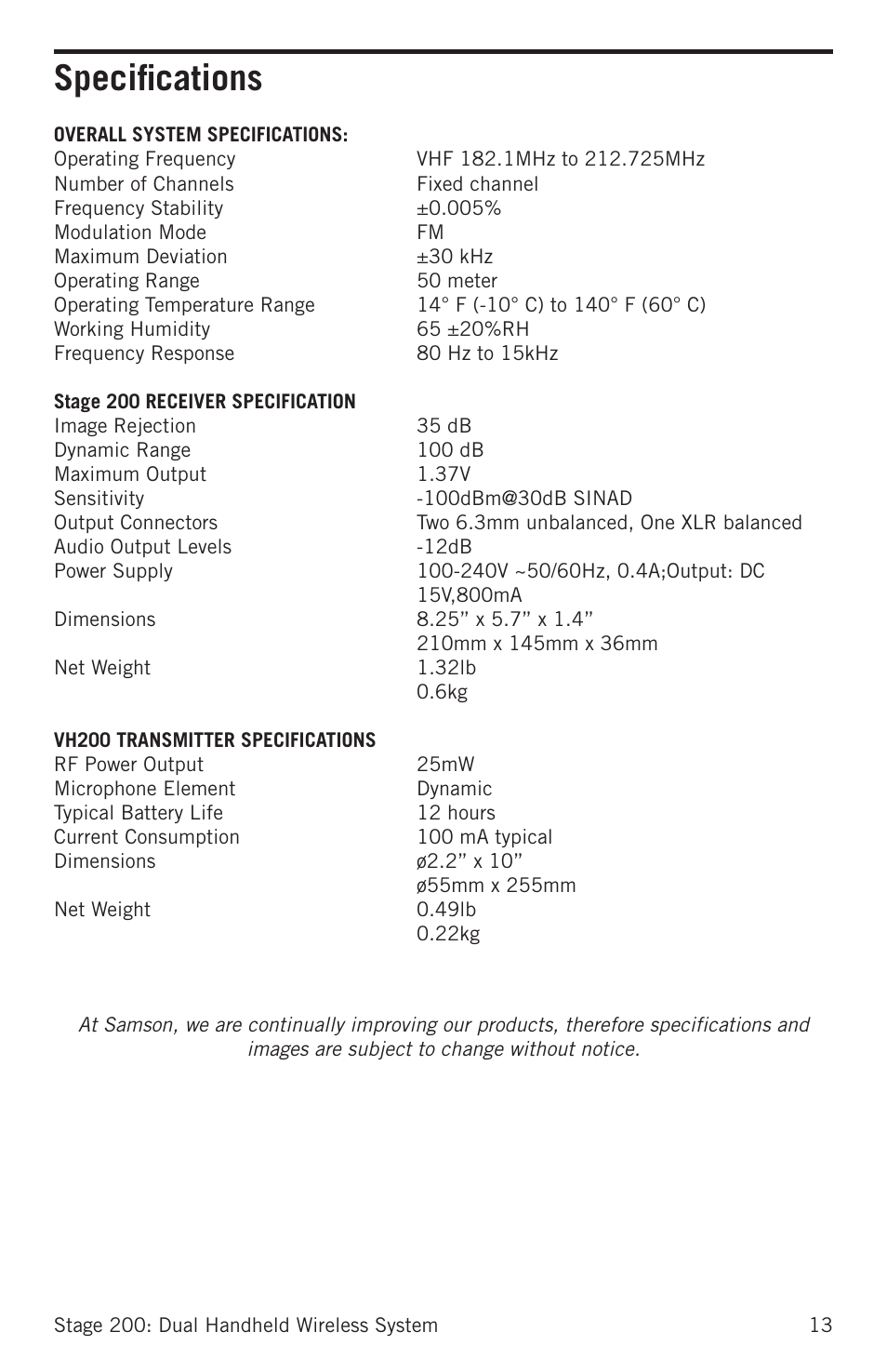 Specifications | Samson Stage 200 Dual-Channel Handheld VHF Wireless System (Channel A) User Manual | Page 13 / 16