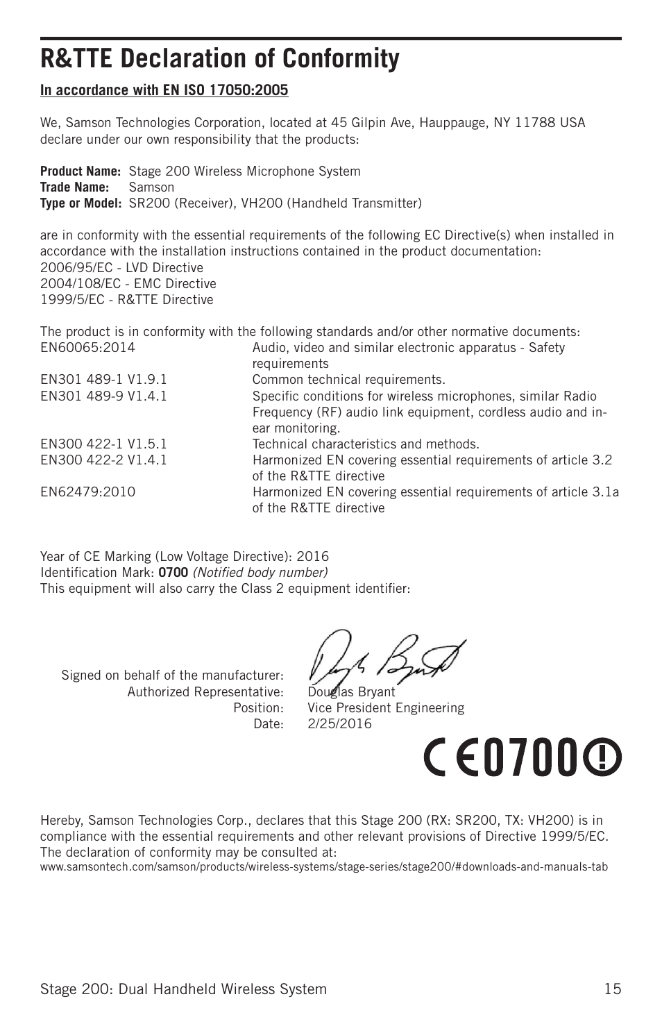 R&tte declaration of conformity | Samson Stage 200 Dual-Channel Handheld VHF Wireless System (Channel A) User Manual | Page 15 / 16