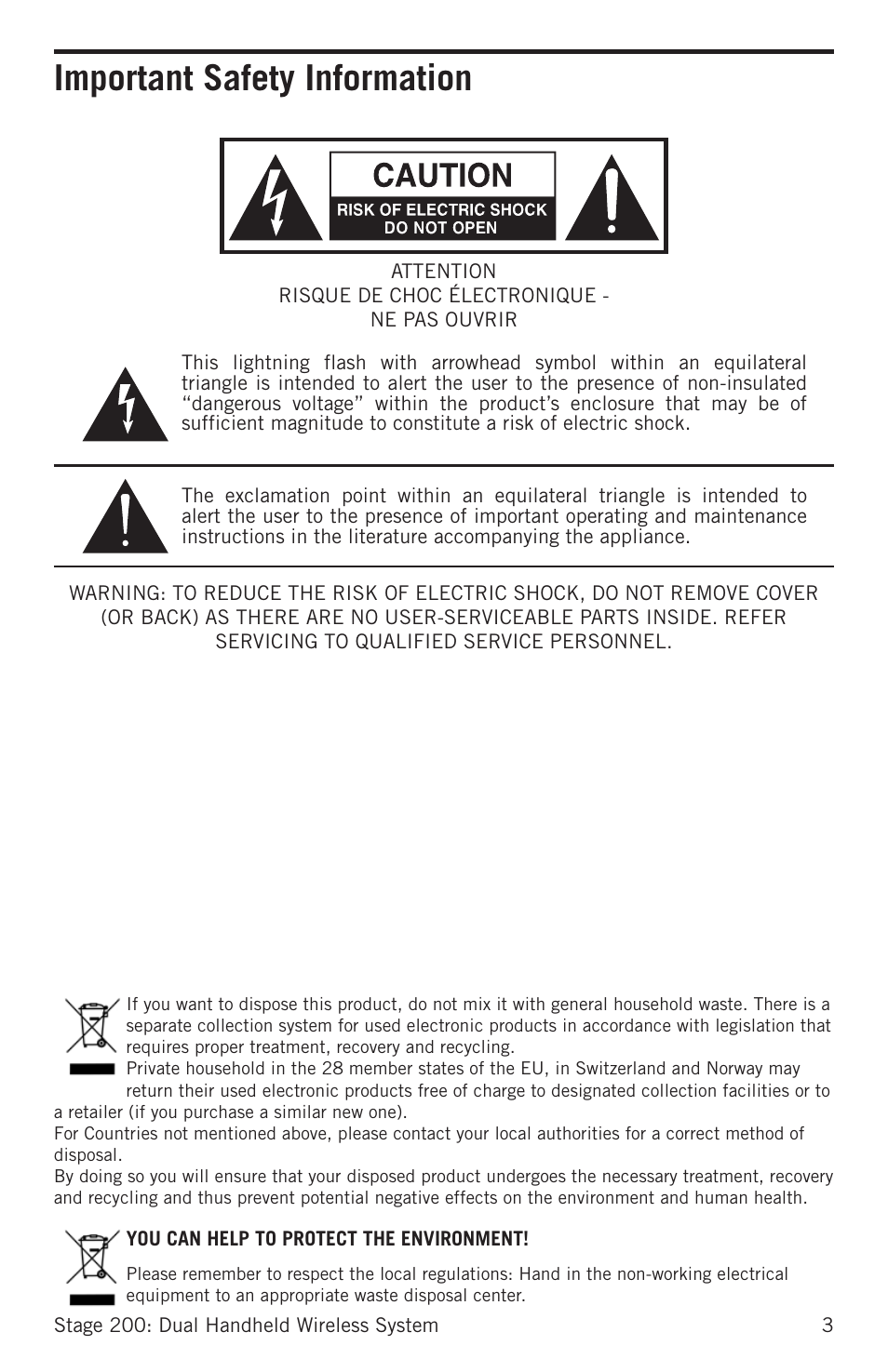 Important safety information | Samson Stage 200 Dual-Channel Handheld VHF Wireless System (Channel A) User Manual | Page 3 / 16
