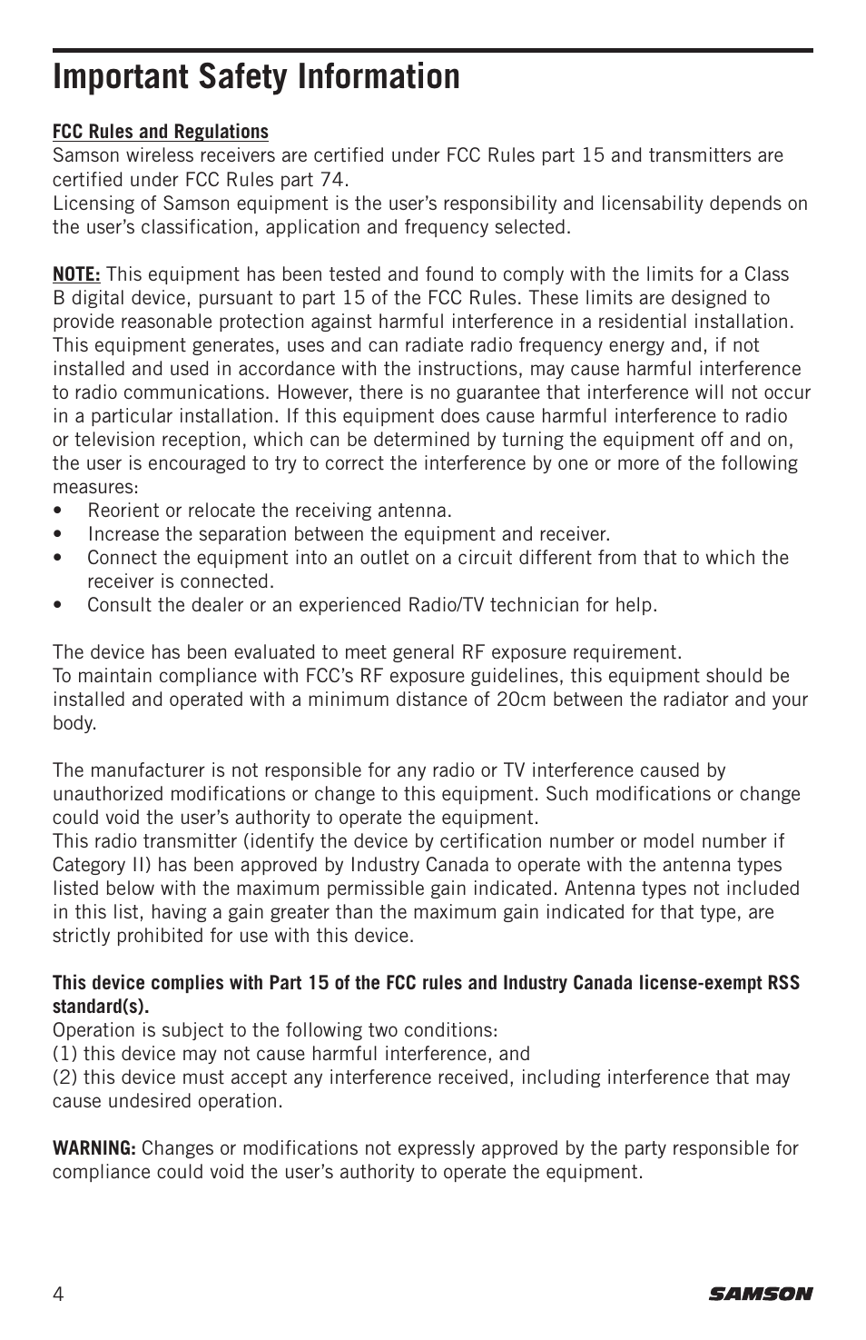 Important safety information | Samson Stage 200 Dual-Channel Handheld VHF Wireless System (Channel A) User Manual | Page 4 / 16