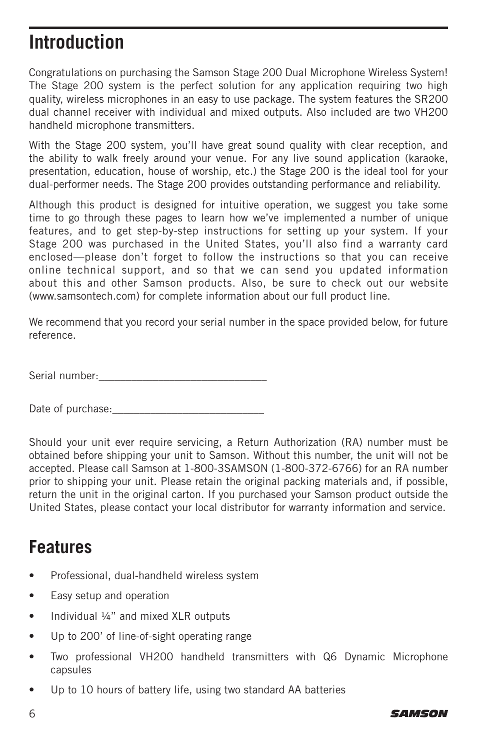Introduction, Features | Samson Stage 200 Dual-Channel Handheld VHF Wireless System (Channel A) User Manual | Page 6 / 16