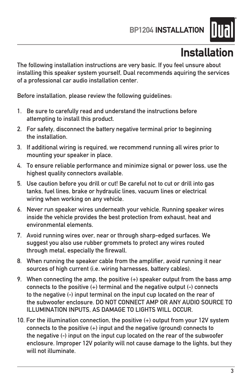 Installation, Bp1204 installation | Dual Bandpass Subwoofer System BP104 User Manual | Page 3 / 8