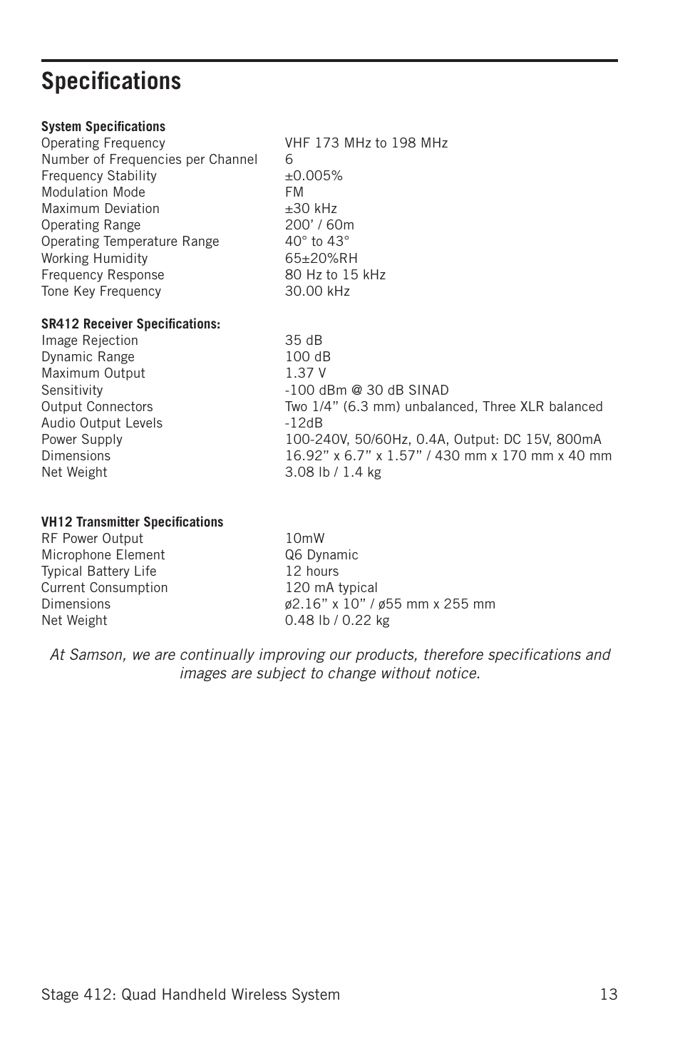 Specifications | Samson Stage 412 Frequency-Agile Quad-Channel Handheld VHF Wireless System (173 to 198 MHz) User Manual | Page 13 / 16