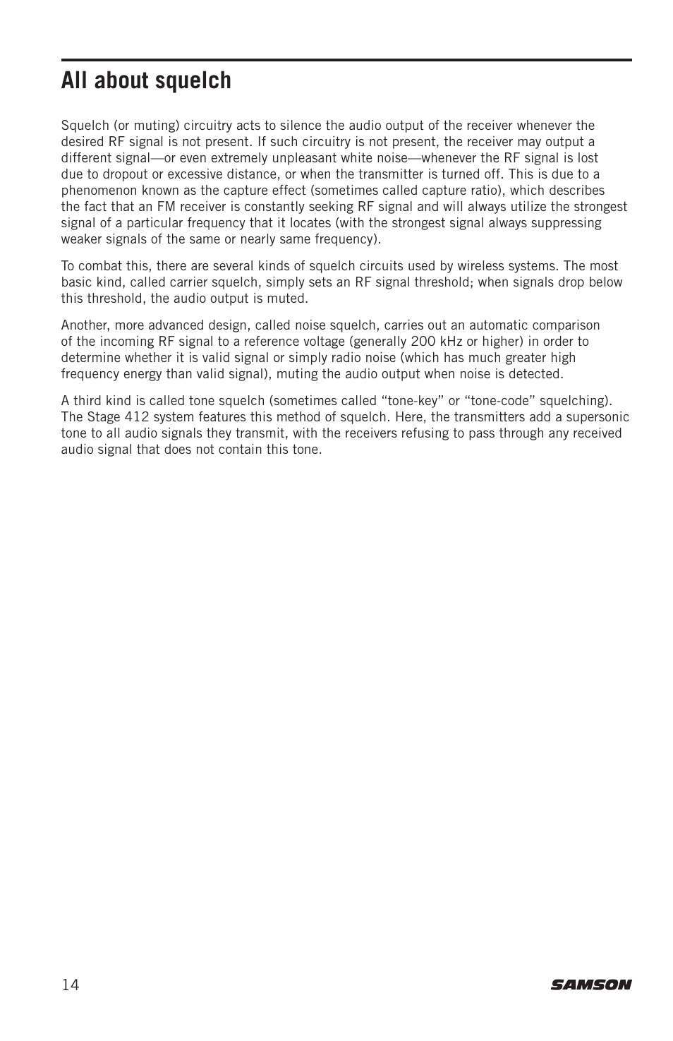 All about squelch | Samson Stage 412 Frequency-Agile Quad-Channel Handheld VHF Wireless System (173 to 198 MHz) User Manual | Page 14 / 16